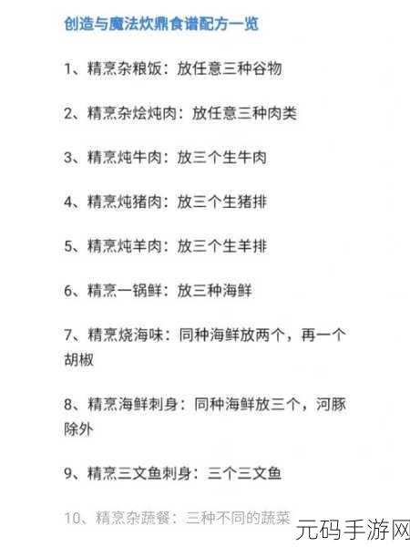 手游资讯,创造与魔法食谱配方全揭秘,开启美食奇幻之旅