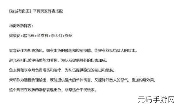 这城有良田全赛季武者优选及高效阵容搭配深度攻略